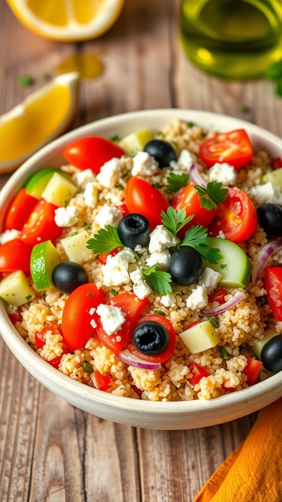 A colorful Mediterranean quinoa bowl with tomatoes, cucumber, olives, and feta cheese on a wooden table.
